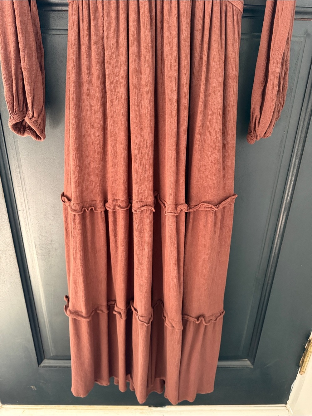 Smocked V-Neck Long Sleeve Maxi Dress - Brown - Picture 4 of 6
